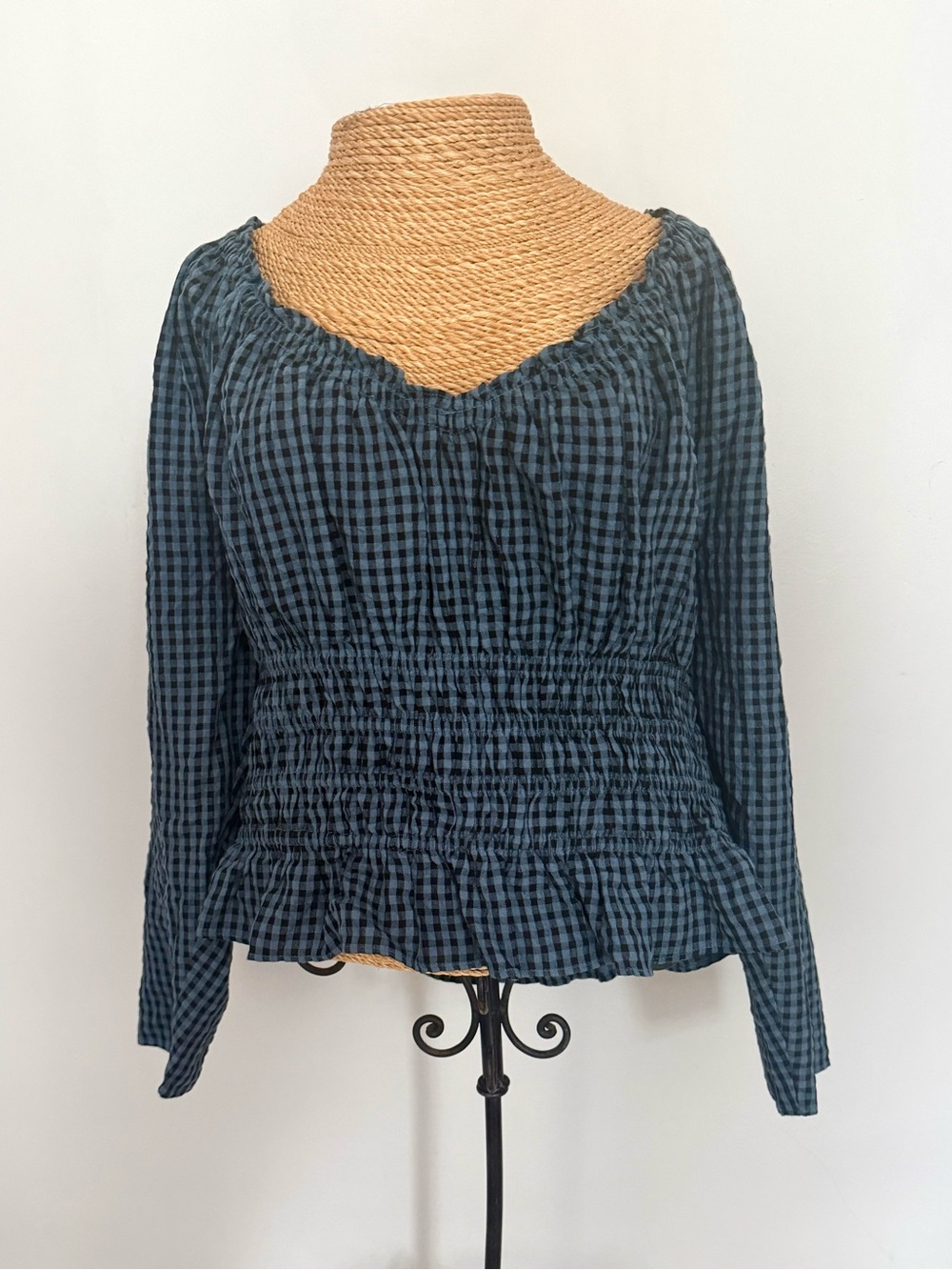 LOFT Blue and Black Gingham Smocked Peasant Blouse